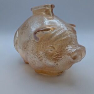 Vintage Marigold Carnival Glass Piggy Bank Iridescent Amber Textured Pig Decor